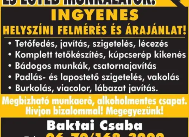Tetőfedő - Bádogos - Kőműves munkák