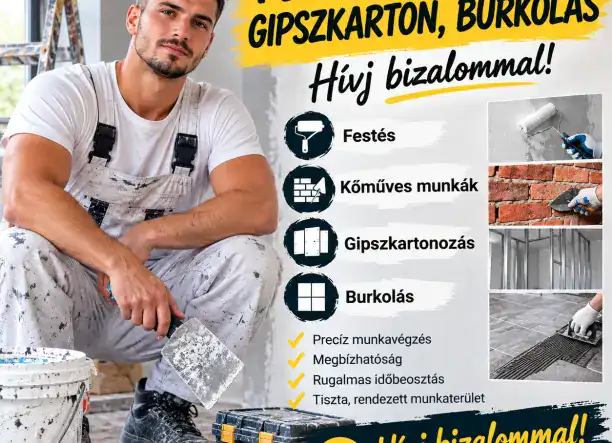 Festést, glettelést, szigetelést, gipszkartonozást, burkolást, kőműves munkákat vállalunk igényesen