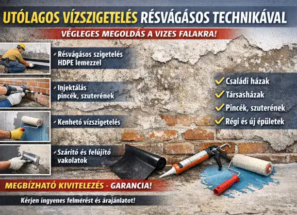UTÓLAGOS VÍZSZIGETELÉS RÉSVÁGÁSOS TECHNIKÁVAL – VÉGLEGES MEGOLDÁS A VIZES FALAKRA!