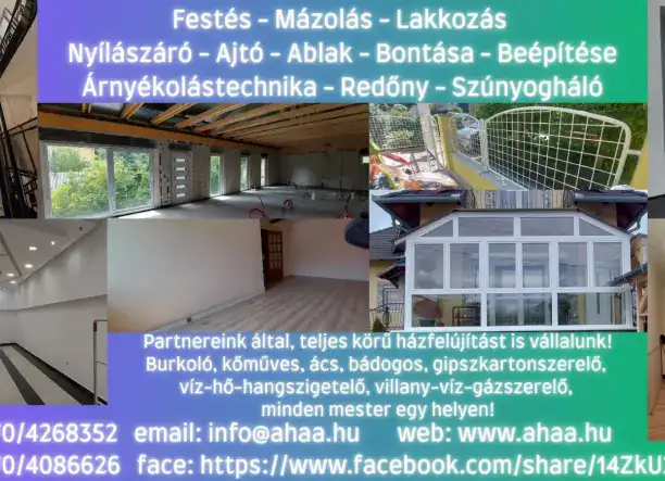 Szobafestés, glettelés, lakásfelújítás, nyílászáró, árnyékolástechnika Budapest és környéke