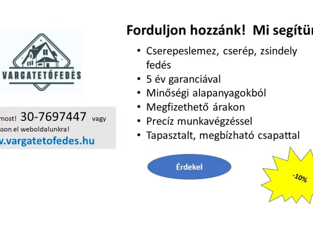 TETŐFEDÉS - TAVASZI KEDVEZMÉNYES AKCIÓ