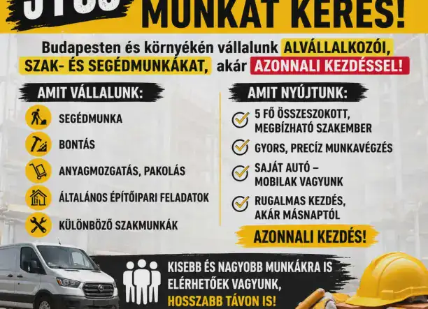 5 FŐS ÉPÍTŐIPARI BRIGÁD MUNKÁT KERES!