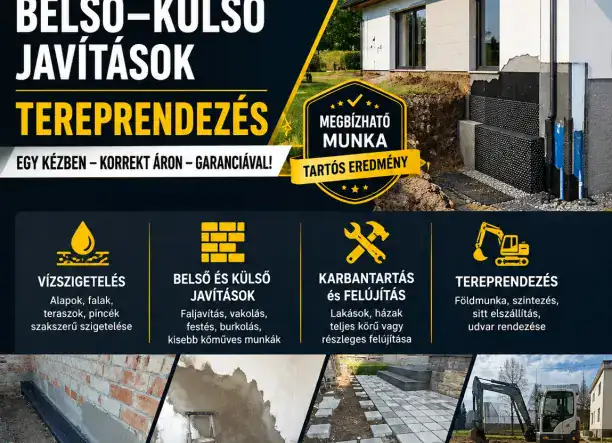 Vízszigetelés, külső-belső javítások, tereprendezés